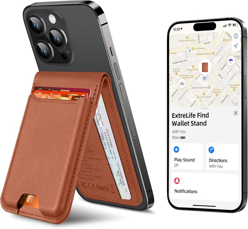 ExtreLife For Magsafe Wallet, Works with Apple Find My, Strongest Magnetic Wallet for iPhone 17/16/15/14/13/12 Series, WalletTracker with Adjustable Stand, 6 Cards Holder, Vegan Leather, Brown - Image 1